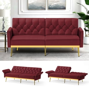 FamiTOP Velvet Sofa Bed w/Adjustable Armrests & Backrests, Modern Convertible Sleeper Sofa, Tufted Futon Sofa for Bedroom, Living Room, Apartment, Red