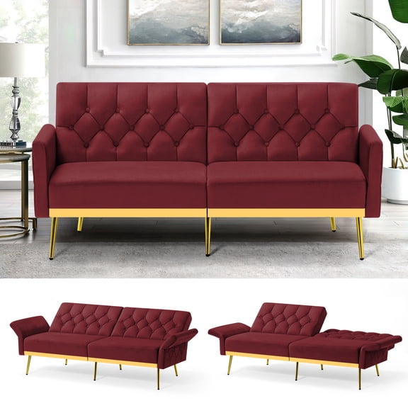 FamiTOP Velvet Sofa Bed w/Adjustable Armrests & Backrests, Modern Convertible Sleeper Sofa, Tufted Futon Sofa for Bedroom, Living Room, Apartment, Red