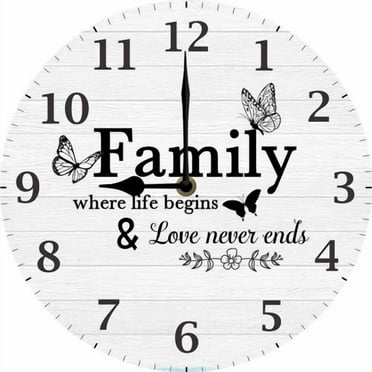 Famil Wall Clock - Family Where Life's Begins Inspirational Quote Saying Wall Decor for Living Room - 10 Inch Silent Clock Non Ticking Battery Operated Easy to Read