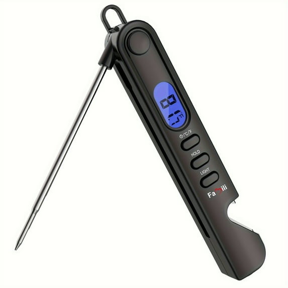 Famili Instant Read Meat Thermometer with Backlight, Magnetic Base & Foldable Probe - Ultra-Fast Digital Cooking & Grilling Thermometer with Calibration, Food-Safe Design for Home Kitchen Use