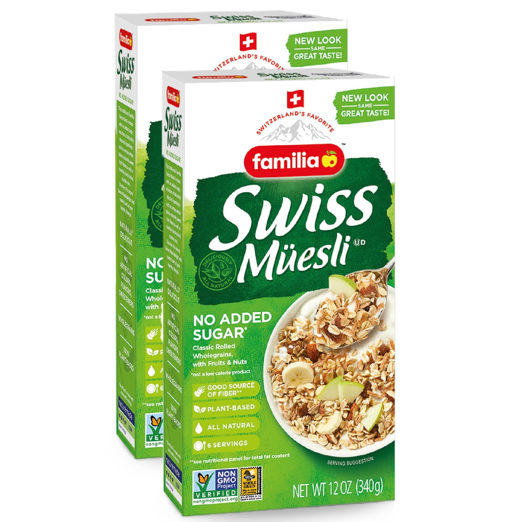 Familia Swiss Muesli Cereal, 0g Added GJM1&nbsp;Sugar, Energy-Packed Cereal with Raisins, Hazelnuts and Almonds, 12 Ounce Box (Pack of 2)