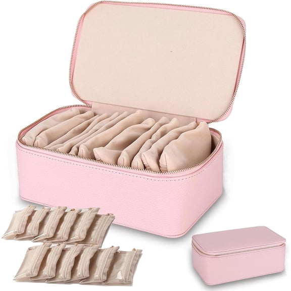 Familiarn Travel Jewelry Box with Small Pouches, Portable Leather Jewelry Organizer Box with 12 Small Pouches, For Girls Womens Earring, Necklace, Rings, Bracelets, Waterproof Design (Pink)