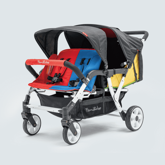 Familidoo H4E Quad Stroller Wagon for Kids, 4-Seater Daycare Baby Stroller with 5-Point Safety Harness, Lightweight & Foldable with All Reclining Seats, Double Canopy & Rain Cover All-Terrain Wheels