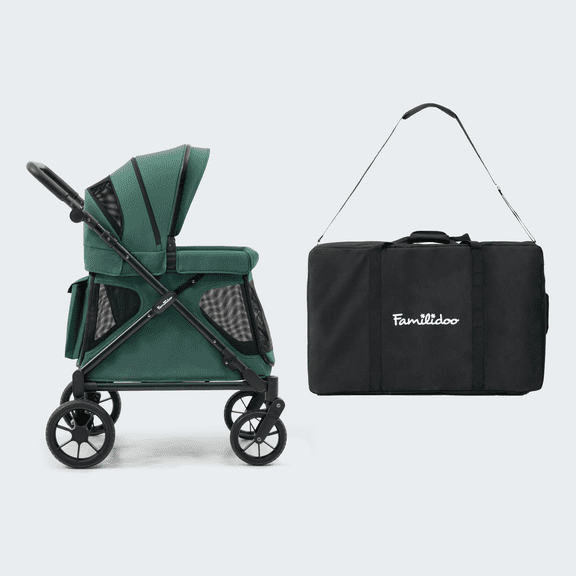 Familidoo Q1 2.0 Multi-Use Kids Wagon Stroller – Foldable, Lightweight & All-Terrain for Kids & Pets – Magnetic Safety Harness, Rain Cover and Travel Bag – Up to 132 lbs (Emerald Green)