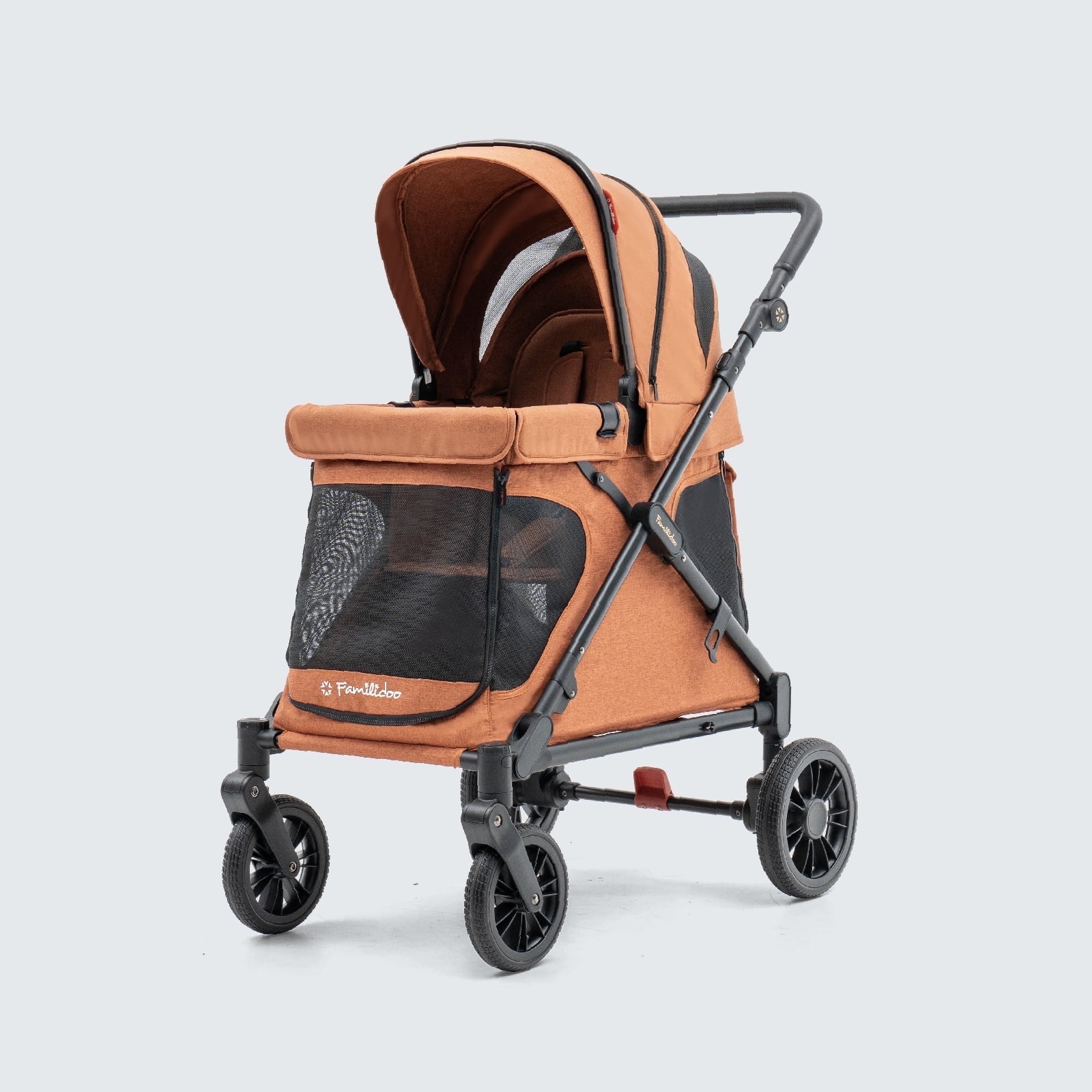 Familidoo Q1 Multi-Use Kids Wagon Stroller Foldable, Lightweight & All-Terrain for Kids & Pets 5-Point Safety Harness, Rain Cover & Compact Travel Design Supports Up to 132 lbs (Burnt Orange)