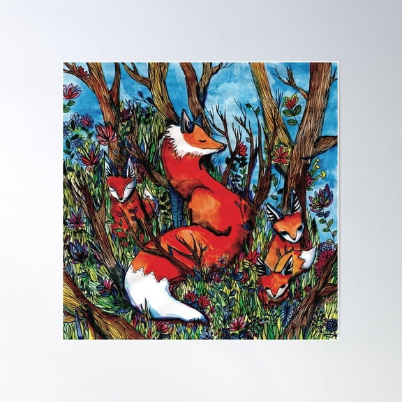 Familly Fox In The Forest Poster Wall Art, Modern Wall Decor For Living Room Bedroom, 17x17 UNFRAMED