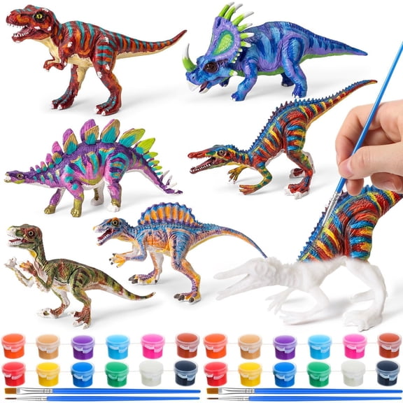 Family Arts Crafts Set Dinosaur Toy Painting Kit - 6 Dinosaur Figurines, Decorate Your Dinosaurs, Create a Dino World Painting Toys Gifts,Fun Coloring Party Favors,Dino Party Supplies