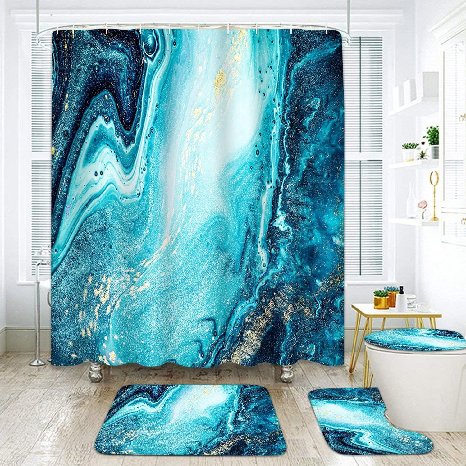 ArtSocket Teal Bathroom Set – Abstract Shower Curtain 72x72", Memory Foam Bath Mat & Lid Cover, 3-Piece Modern Decor