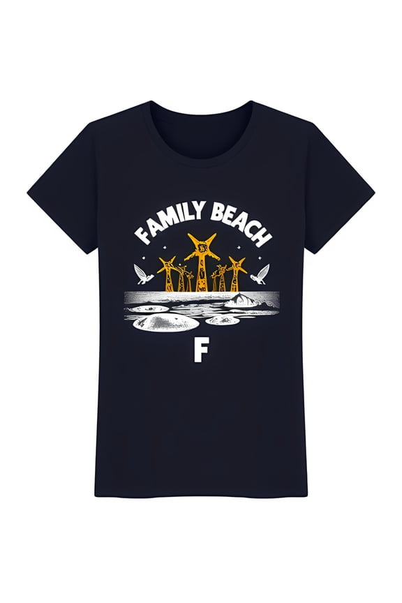 Family Beach Giraffes Graphic Tee Fun Cartoon Design on Black T-Shirt