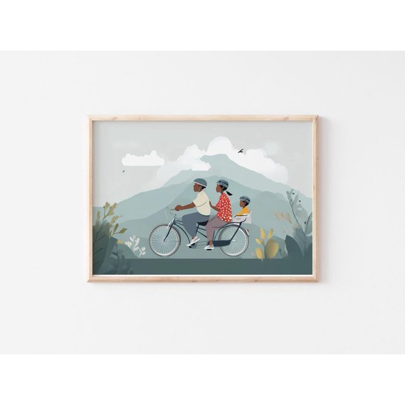Family Bike Ride Tandem Bicycle Landscape Wall Decor Unframed Paper Print