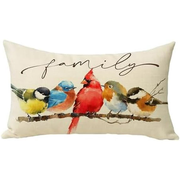 Family Birds Cardinal Lumbar Decorative Throw Pillow Cover 12 x 20, Rectangular Watercolor Red Bird Bluebird Robin Outdoor Home Decor, Goldfinch Chickadee Branch  Cushion Case