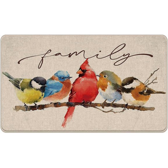 Family Birds Welcome Front Door Mat, Bluebird Robin | Chickadee Decorative Doormat Non-Slip Floor Entryway Rug, Low Profile Indoor Outdoor Kitchen Decoration