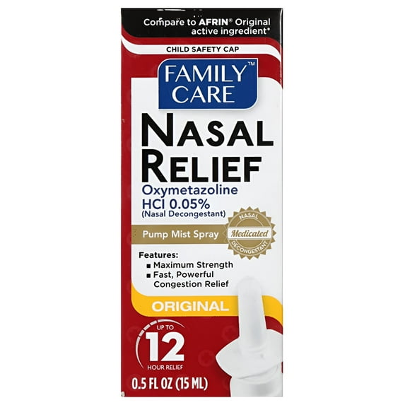 Family Care Nasal Relief Spray, 12 Hour Pump Mist, 0.5 fl. Oz., Severe Congestion, Oxymetazoline HCI Nasal Decongestant, Compare to Afrin Original Nasal Spray