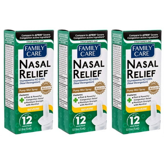 Family Care Nasal Relief Spray, 12 Hour Pump Mist, 0.5 fl. Oz., Severe Congestion, Oxymetazoline HCI Nasal Decongestant Menthol, Compare to Afrin Original Nasal Spray-3 Pack
