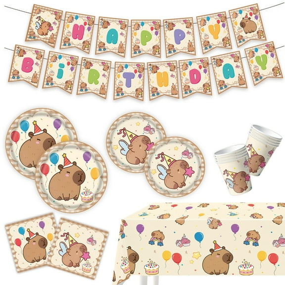 Family Celebration Decoration Set Capybara Paper Cups Flags Plate Table Cloth