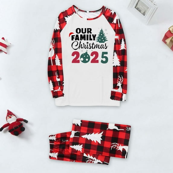 Our Family Christmas 2025 Matching Pajamas Sets Letter Tree Printed Funny Holiday Xmas Jammies Long Sleeve Tee and Bottom Plaid Pants Loungewear Sleepwear