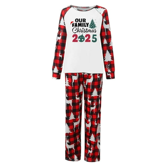 Our Family Christmas 2025 Matching Pajamas Sets Letter Tree Printed Funny Holiday Xmas Jammies Long Sleeve Tee and Bottom Plaid Pants Loungewear Sleepwear