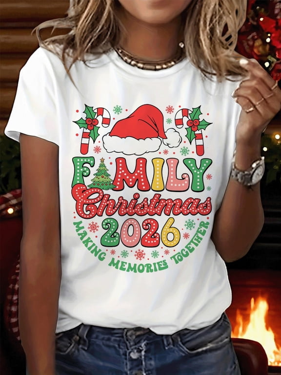 Family Christmas 2026 Make Memories Together Graphic Print T-Shirt, Short Sleeve Crew Neck Casual Top
