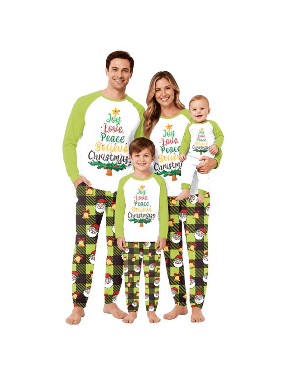 Family Christmas Costume, Family Matching Christmas Pajamas Set, Joy Love Peace Believe Holiday Letter Tops With Festive Printed Pants, Winter Sleepwear for Family and Christmas Morning, 6M
