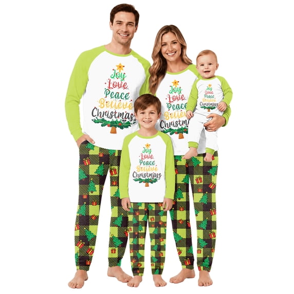 Family Christmas Costume, Family Matching Christmas Pajamas Set, Joy Love Peace Believe Holiday Letter Tops With Plaid Pants, Winter Sleepwear for Family Christmas Morning Lounge Wear, 12M