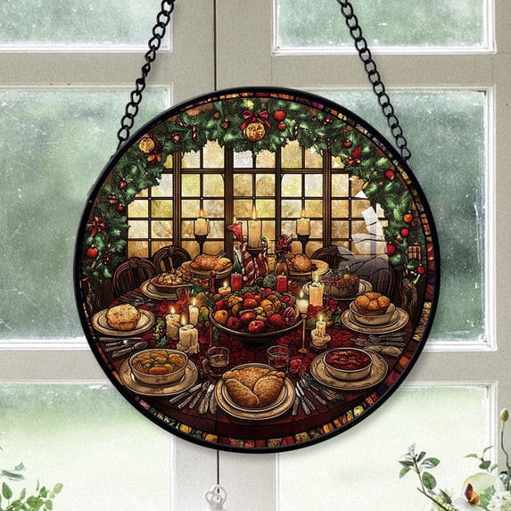 Family Christmas Gift - Christmas Dinner Stained Glass Hanging Ornament - Cozy Christmas Tree Decor, Winter Holiday Gift for Mom, Dad, Family, Friends