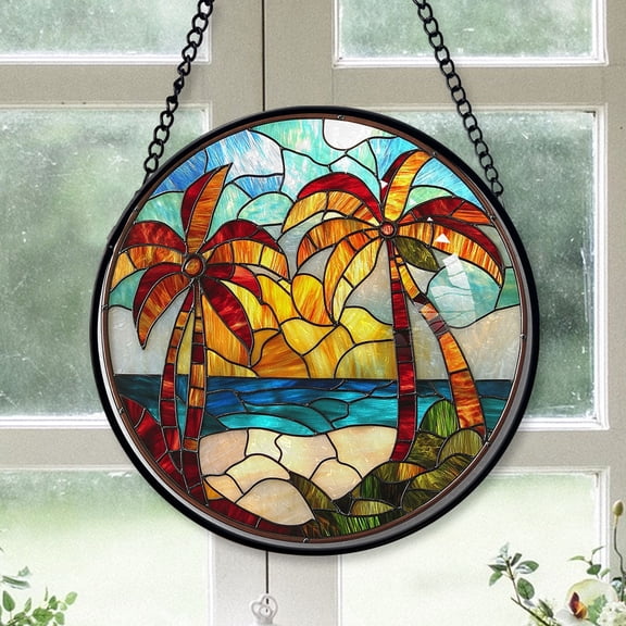 Family Christmas Gift - Coconut Tree Christmas Stained Glass Hanging Ornament - Holiday Tree Decoration, Christmas Gift for Dad, Mom, Family & Friends, Keepsake 2025
