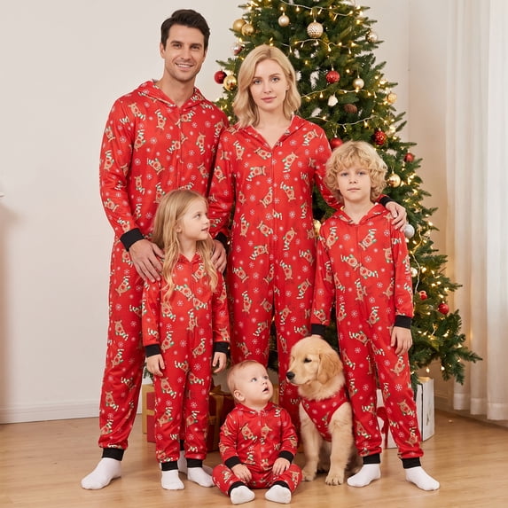 Family Christmas Matching Jumpsuit Pajamas, One-Piece Deer Hoodie Clothes Holiday Sleepwear Loungewear