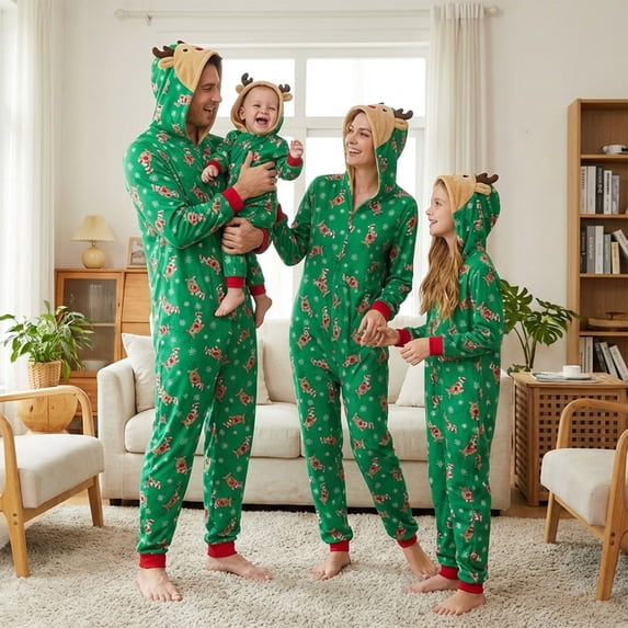 Family Christmas Matching Pajamas Jumpsuit One-Piece Mom Dad Kids Deer Hoodie Romper Holiday Pjs