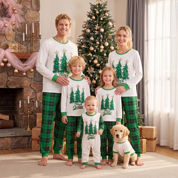 Family Christmas Matching Pajamas Set Christmas Tree Pattern Long Sleeve Tops Plaid Pants