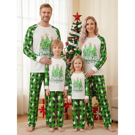 Family Christmas Matching Pajamas Set Long Sleeve Tops with Plaid Pants