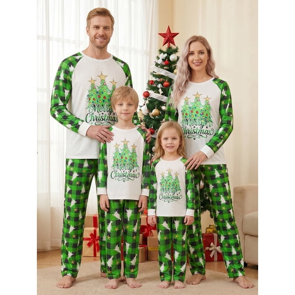 Family Christmas Matching Pajamas Set Long Sleeve Tops with Plaid Pants