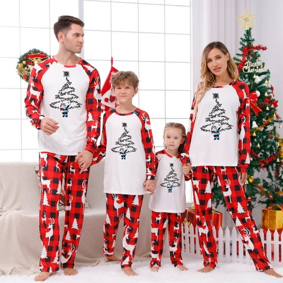 Family Christmas Matching Pajamas Set Merry Xmas Jammies Suits Parent-Child Clothing Long Sleeve Crewneck Blouses and Plaid Pjs Long Pants Home Sleepwear