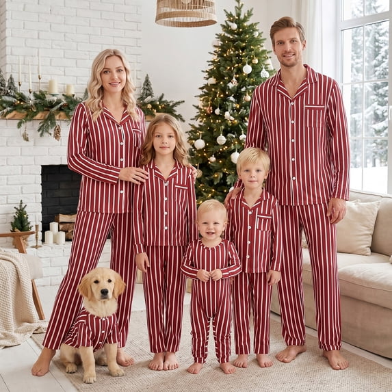 Family Christmas Matching Pajamas Set with Dog Striped Button Down Family Sleepwear Outfits