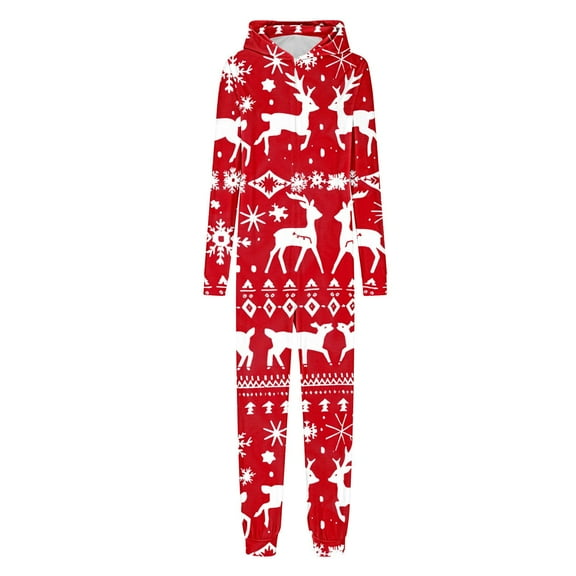 Family Christmas Onesie Matching Pajamas Cute Print Zip Up Fall Winter Pullover Hooded Jumpsuit Pjs Adult Kids Outfit,Red 2,Dad:XL