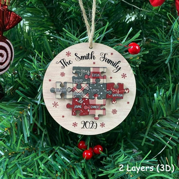 Family Christmas Ornament 2024 - 'Pieces of Our Family' Puzzle, Custom Wooden-Look Family Keepsake