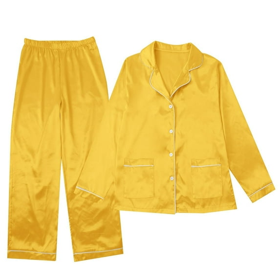 Family Christmas Pajamas Christmas Family Matching Kids Pajama Set Long Sleeve Turn Down Collar Full Length Pants Silk Like Satin Soft Sleepwear For Kids Yellow 140