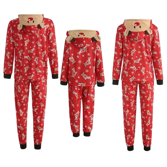 Family Christmas Pajamas Elk Snowflake Printing Long Sleeve Zipper Hooded Tops + Pants Sleepwear for Mother/Father/Kid