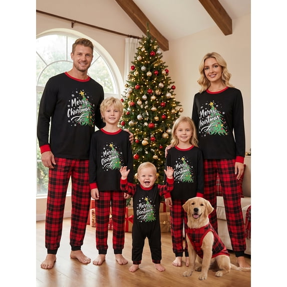 Family Christmas Pajamas Matching Set Christmas Tree Letters Print Long Sleeve Crew Neck Tops and Plaid Pants Loungewear
