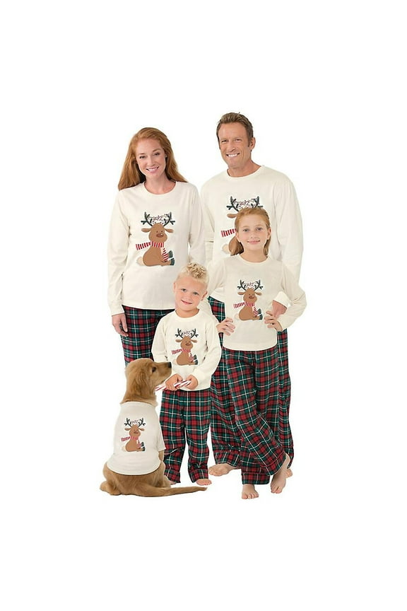Family Christmas Pajamas Matching Set, Elk Print Long-Sleeve Tops with Plaid Pants Sleepwear Set for Adult, Kid, Baby, Dog