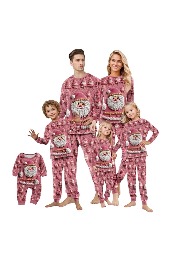 Family Christmas Pajamas Matching Set Ugly Christmas Sweater Crewneck Long Sleeve Knitted Santa Clause Sweater for Women Man Couples Pink Flannel
