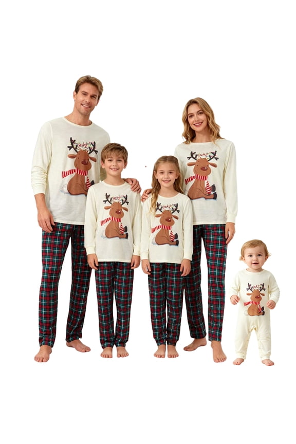 Family Christmas Pajamas Matching SetElk Print Tops Plaid Pants Sleepwear Set