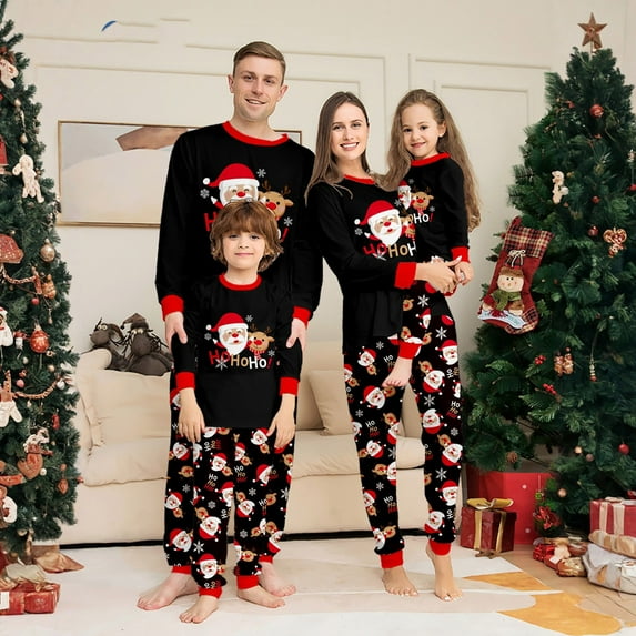 Family Christmas Pajamas Matching Sets – Black Long Sleeve Tops and Pants with Santa Claus and Reindeer Print, Festive Holiday Sleepwear Outfits for Couples and Families