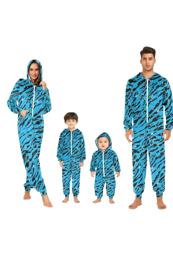 Family Christmas Pajamas Matching Sets Blue Tiger Pajamas Adult Onesie Pajamas for Women Men, Blue Tiger Pajamas for Family Hooded Sleepwear Jumpsuit