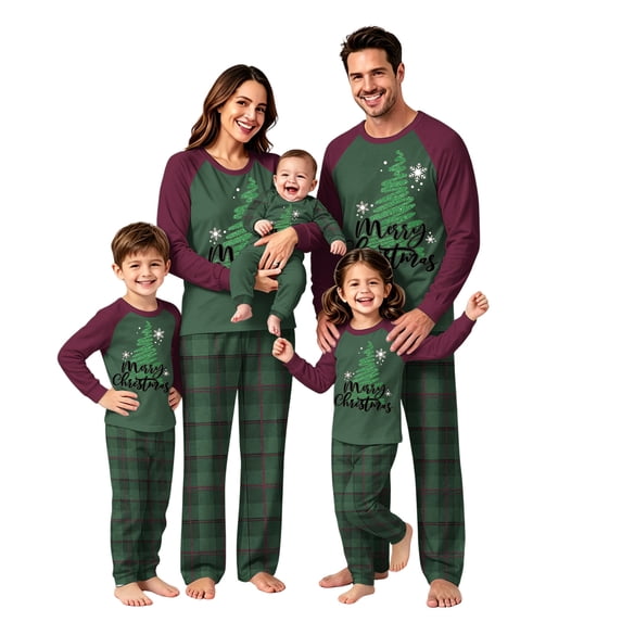 Family Christmas Pajamas Matching Sets, Burgundy Raglan Sleeve Tree Top & Dark Green Plaid Pants 2 Piece Soft Holiday Christmas Pjs Lounge Set