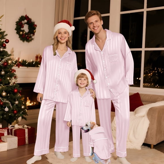 Family Christmas Pajamas Matching Sets Button Down Pjs for Women Set, Fall Pajamas Women, Loungewear Sets, Long Sleeve Satin Pajamas for Women, Satin Pjs for Women Set Pink L