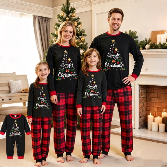 Family Christmas Pajamas Matching Sets Christmas Tree Crew Neck Long Sleeve Tops and Xmas Plaid Print Pants Holiday Sleepwear Soft Pjs Fall Loungewear for Men,3XL