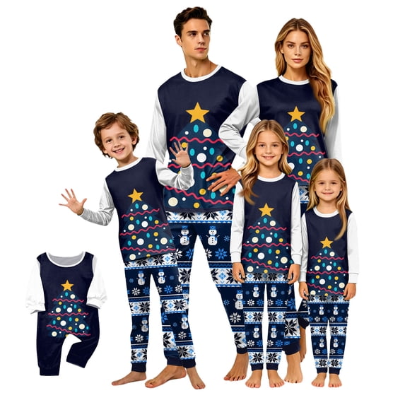 Family Christmas Pajamas Matching Sets, Christmas Tree Print Navy Tops with Fair Isle Snowman Pants, Long-Sleeve Crew Neck Loungewear Sleepwear for Couples, Women, Men, Kids and Baby