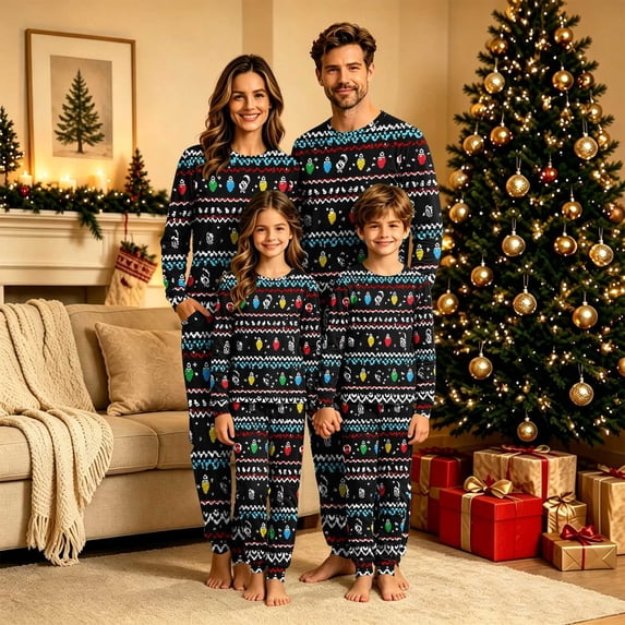 Family Christmas Pajamas Matching Sets, Cotton Pajamas Set, Printed Long Sleeve Two Piece Set for Mom, Comfy Holiday Lounge Set for Christmas Morning Family Photo