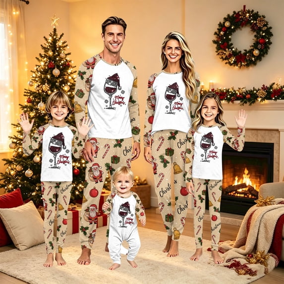 Family Christmas Pajamas Matching Sets Cute Xmas Red Wine Glass Crewneck Raglan Tops with Pants Matching Holiday Loungewear Sleepwear Sets