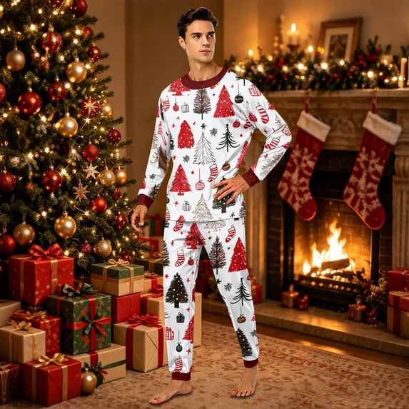 Family Christmas Pajamas Matching Sets Festive Sleepwear Classic Print Long Sleeve Tops Pants Soft PJs for Cozy Holiday Nights